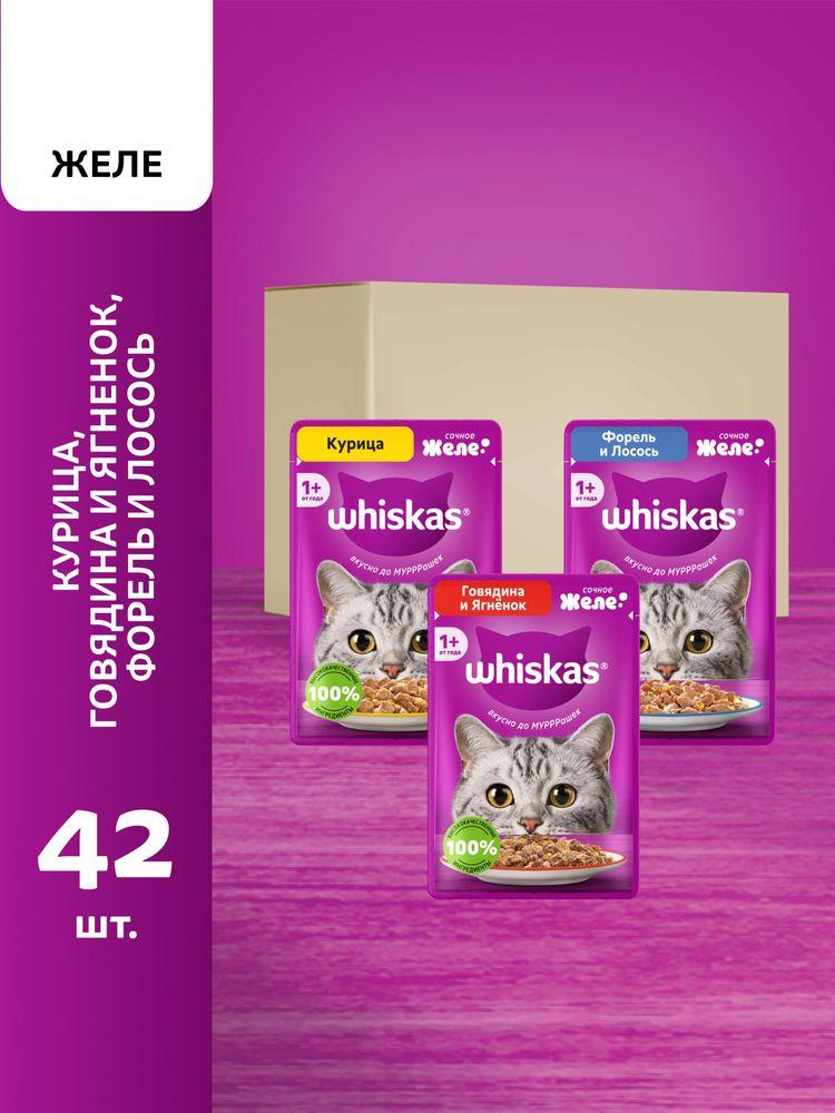 Влажный корм для кошек Whiskas набор, 3 вкуса в желе, 42 шт по 75 г