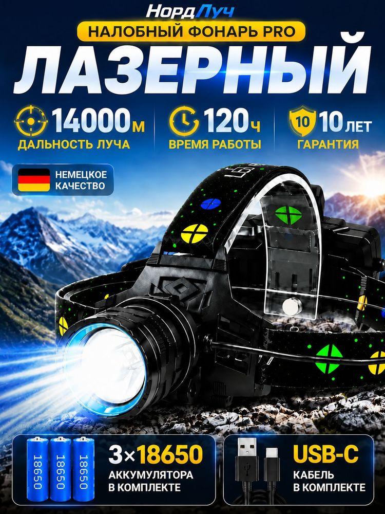 Фонарь налобный аккумуляторный мощный LED с зарядкой USB-C, яркий светодиодный фонарь на голову